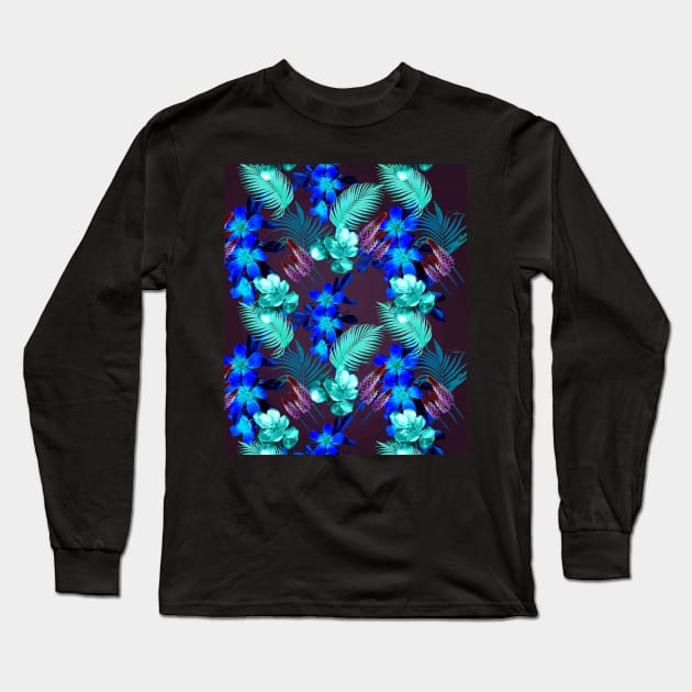 Palm Leaves And Flowers, Blue Purple Long Sleeve T-Shirt by Random Galaxy